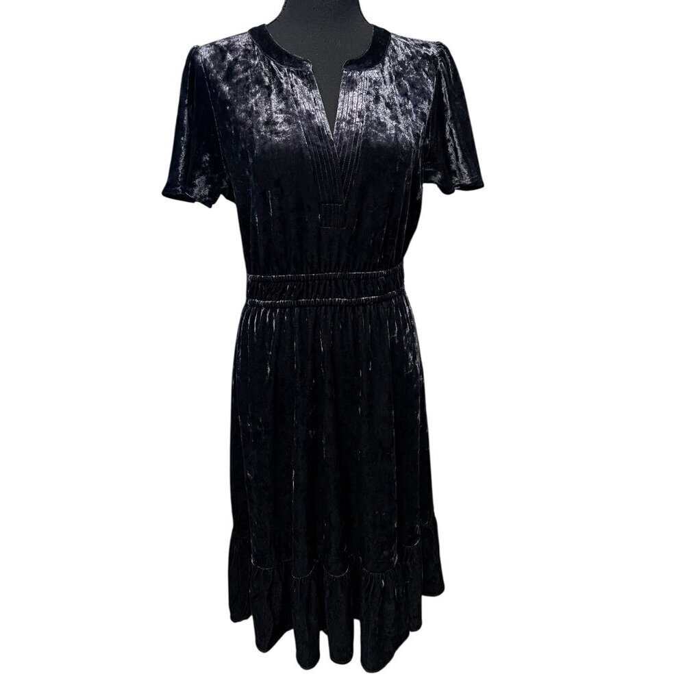 Mystree Velve Dress Women Small Black Short Sleeve Ruffle Hem Elastic Waist Witc
